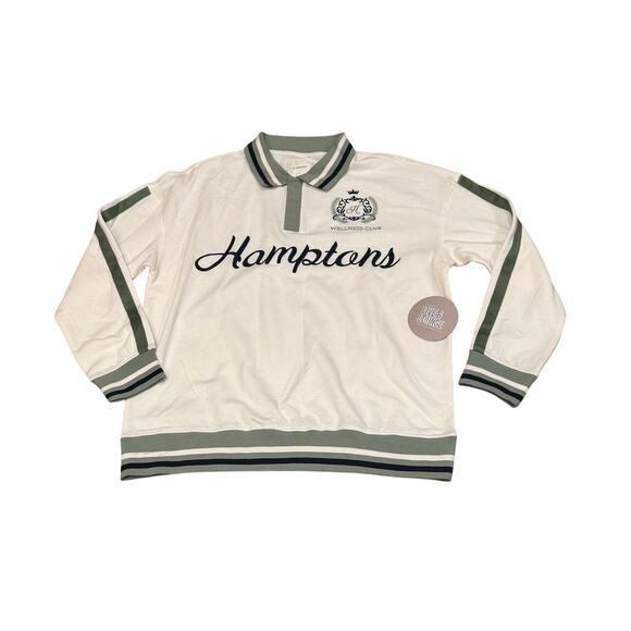 NWT Hamptons Wellness Club Women's XL White Green Collared Sweatshirt oversized - Picture 1 of 5